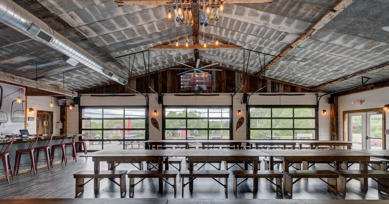 Interior, benches and tables in seating area