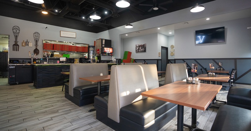 Restaurant interior, dining area and order counter