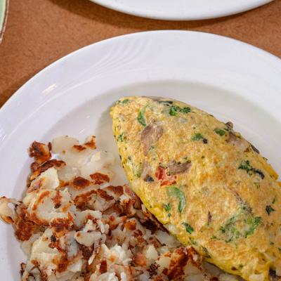 Omelet and hash browns.