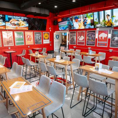 Interior space, tables and chairs.