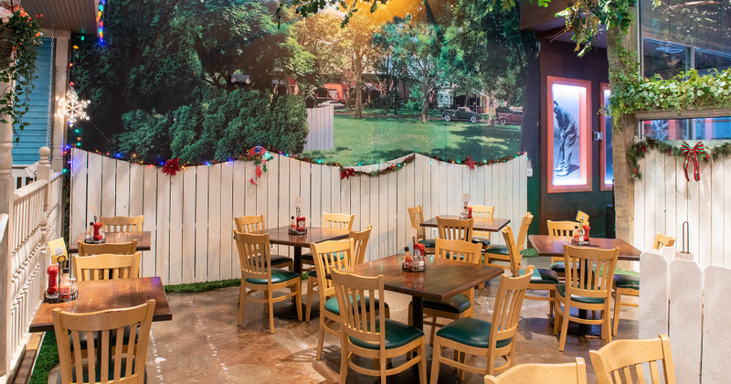 Interior, tables for four and two