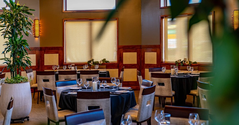 Interior, banquet tables ready for guests