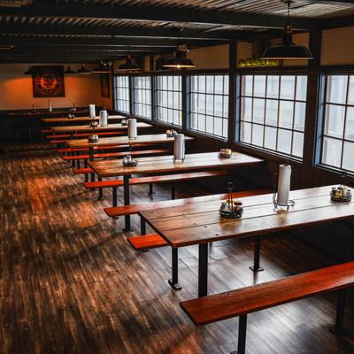 Tables and benches, windows.