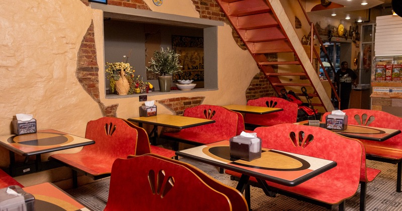 Interior, tables and benches