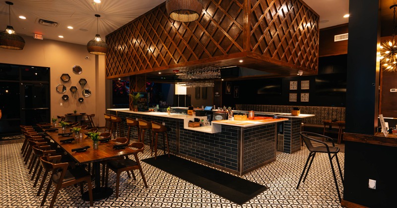 interior, seating area with a bar in the center