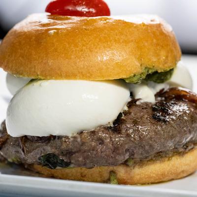 Bacon and burrata cheese burger.