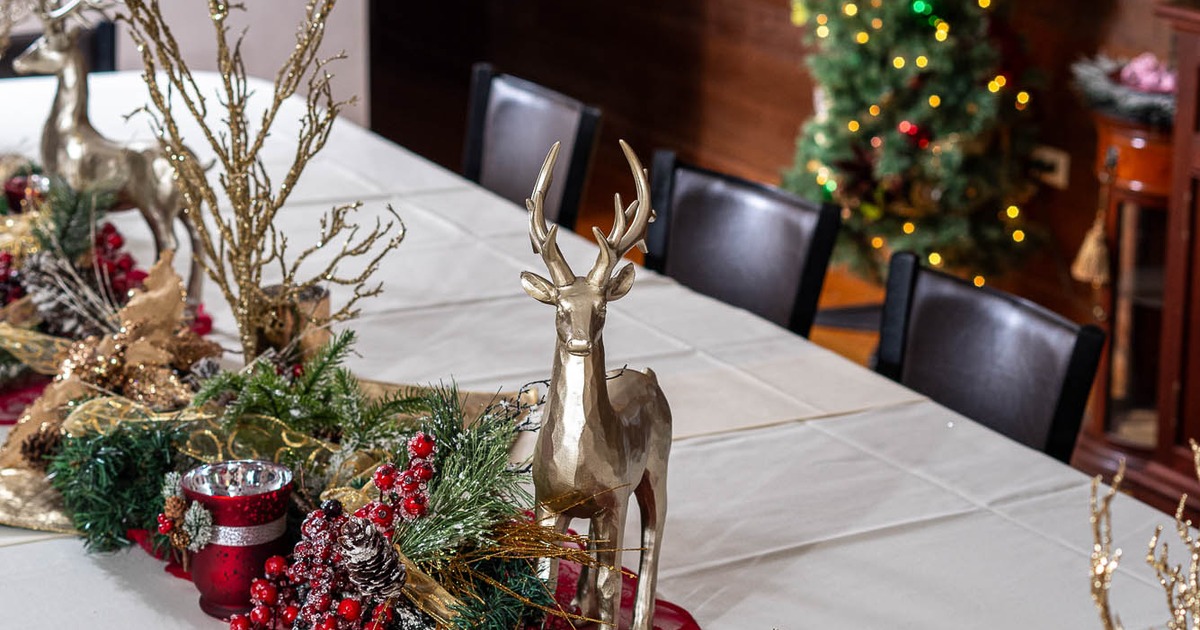 Interior, table decorated for holidays