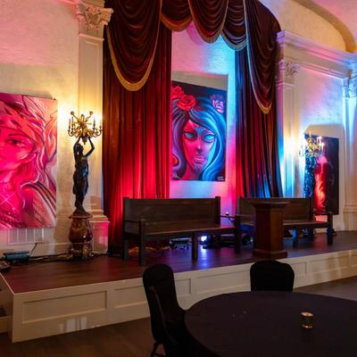 Interior space with subtle decorative lights.