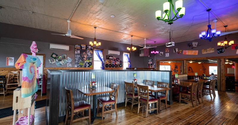 Dining area, a wall decorated with pictures and music records