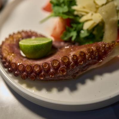 A grilled octopus tentacle served with a lime half and a salad.