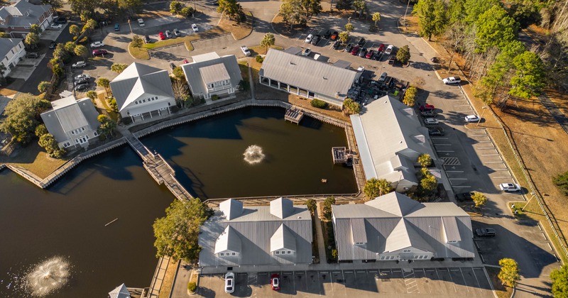 Aerial view of the restaurant and the pond