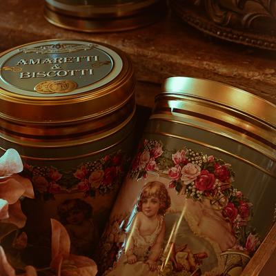 Decorative cookie tins, close-up.