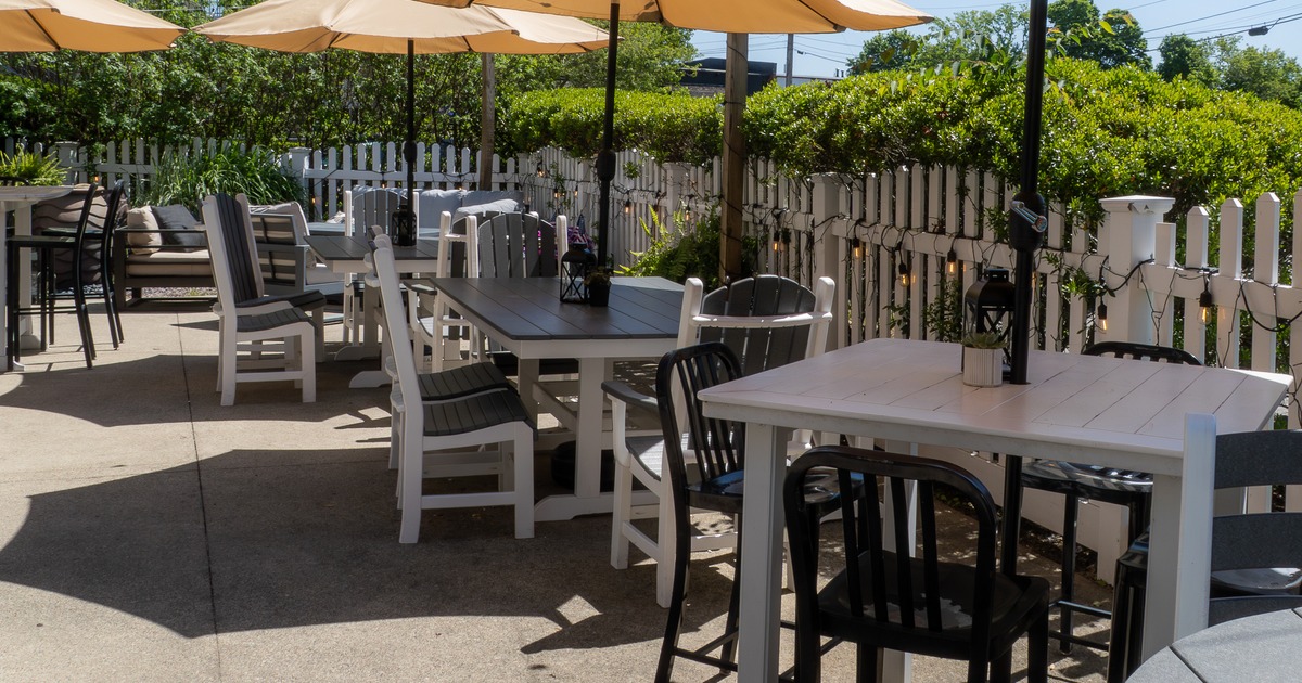 Exterior, patio, tables, chairs, parasols