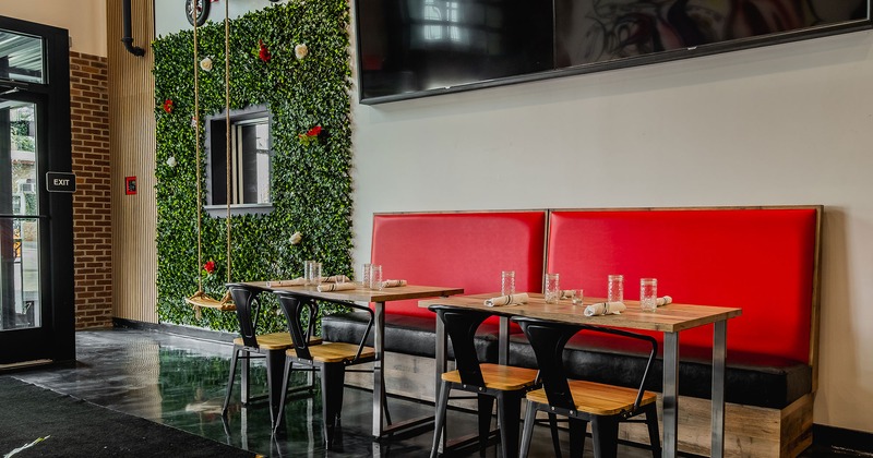 Interior space, dining tables set up