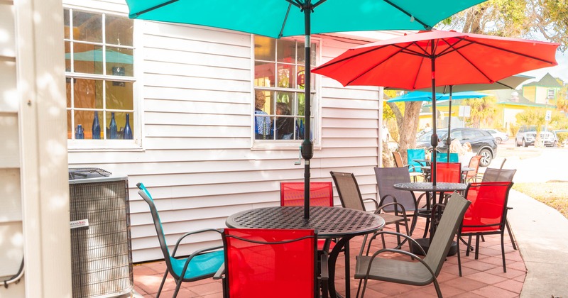 Exterior seating area with sun umbrellas
