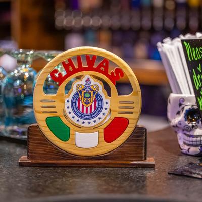 Spanish soccer team emblem on a bar counter.