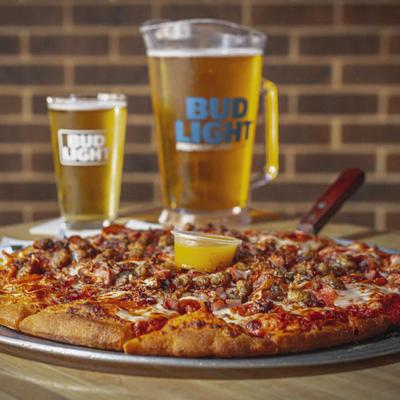 All Meat Pizza, with dressing, and beer on the side