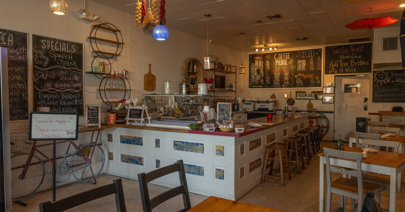 Interior, wide view of seating and bar area