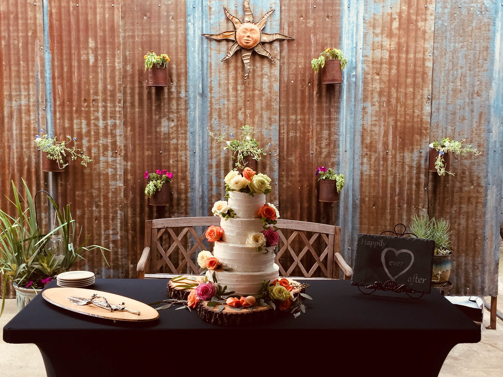 Wedding cake on outside patio table
