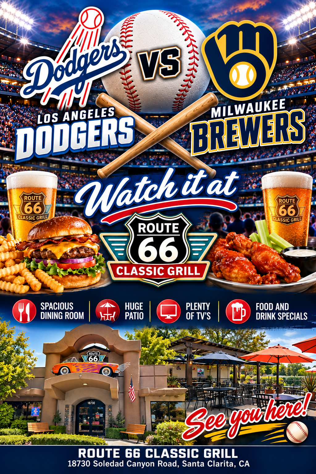 Watch the Dodgers vs Brewers games at Route 66 Classic Grill