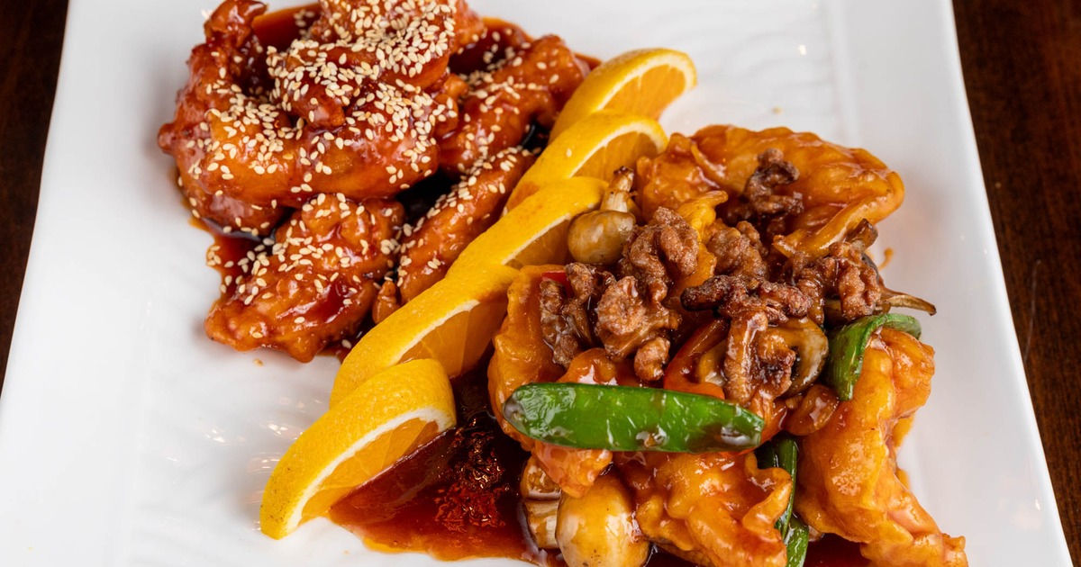 Sesame Chicken and dumpling combo dish