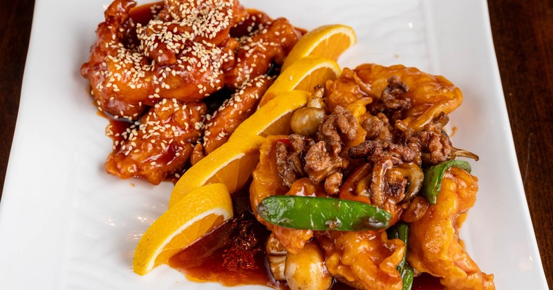 Sesame Chicken and dumpling combo dish