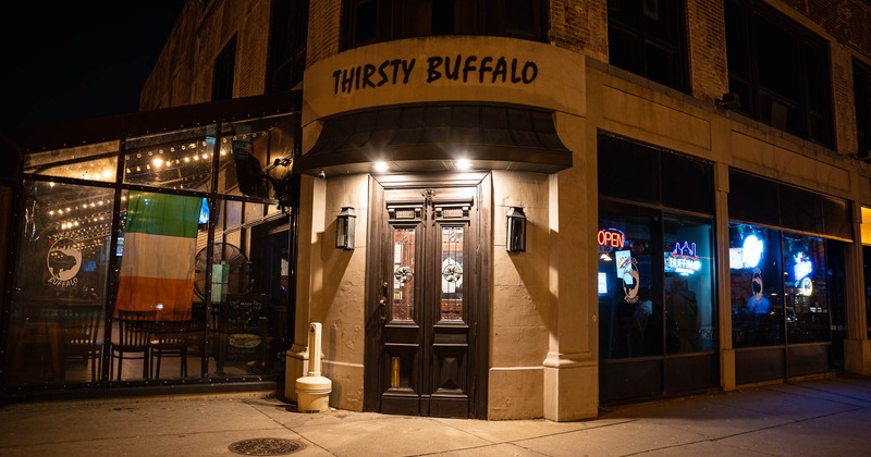 Exterior, entrance to restaurant, sign