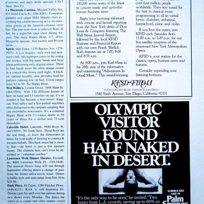 A newspaper clipping with ads and headlines about an Olympic visitor