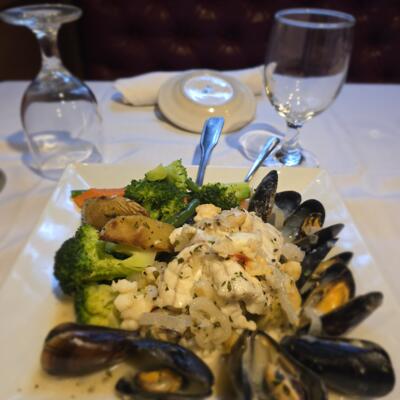 A mushroom stew with mussels and vegetables.