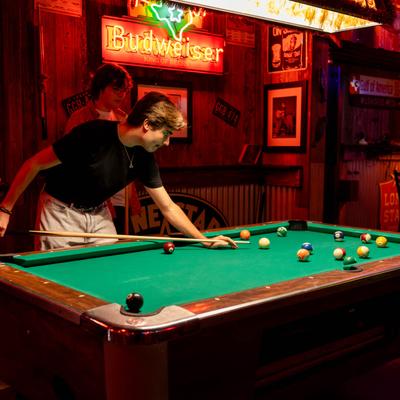 Two people playing pool.