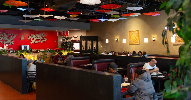 Interior, diner area, booths, tables, chairs