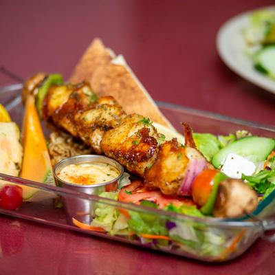 Seafood Kabob, with salad.