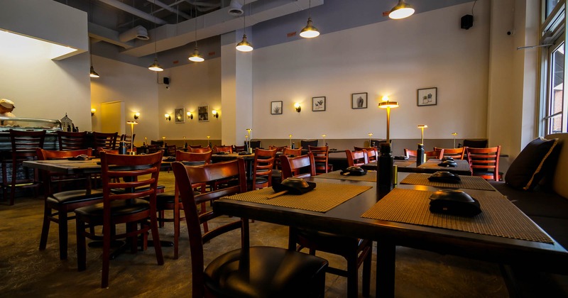 Interior, dining area, tables ready for guests