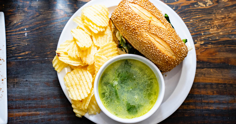 Sandwich with chips and soup