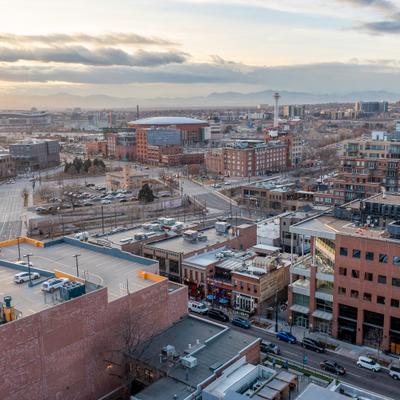 An aerial view of Downtown Denver.