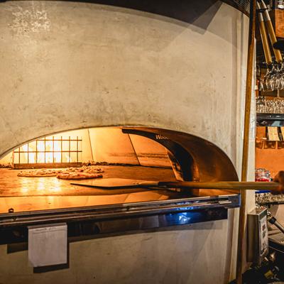 A wood-fired pizza oven.