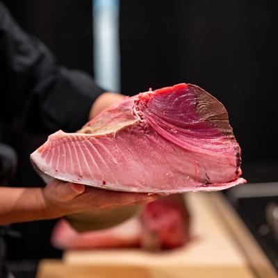 A cook holds a large piece of raw tuna above a kitchen table.