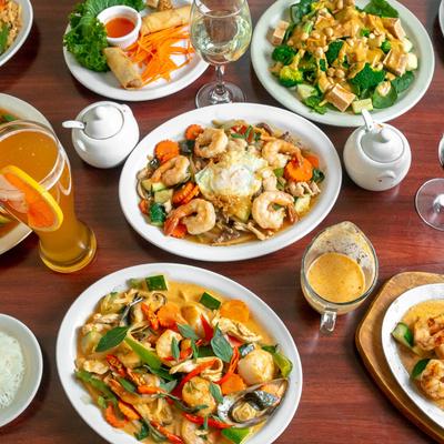 Assorted food and drinks.