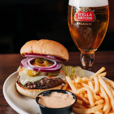 Cheeseburger, fries, and beer.