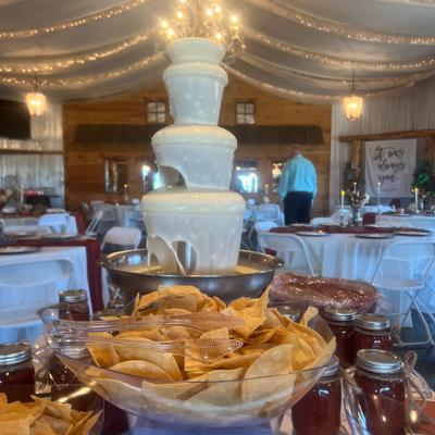 Tortilla chips and melted cheese fountain.