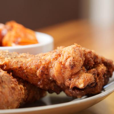 Fried chicken plate with drumsticks and sides, close-up.
