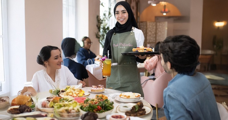 A kind waitperson serves orders to a group of diners at a table full of food
