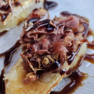 Stuffed potato skins with bacon.