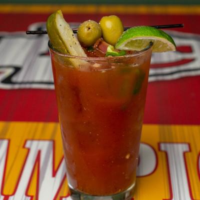 Bloody Mary, with pickles, olives, lime and jalapenos.