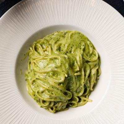 Plate of Linguine pesto.
