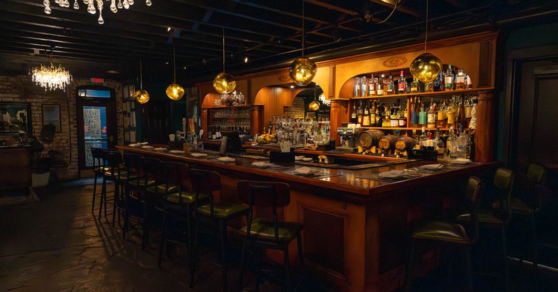 Interior, bar area, bar and bar stools