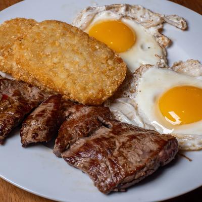 Tenderloin Steak & Eggs, with hashbrown.