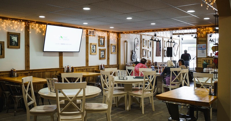 Interior, diner area, tables and chairs