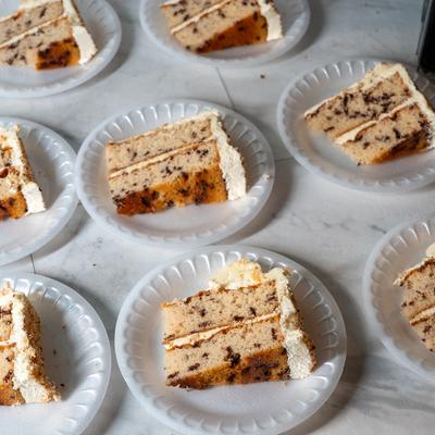 Served cake pieces on plates.