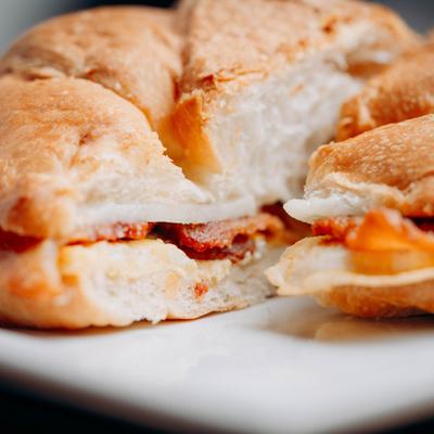Breakfast sandwich, close-up.